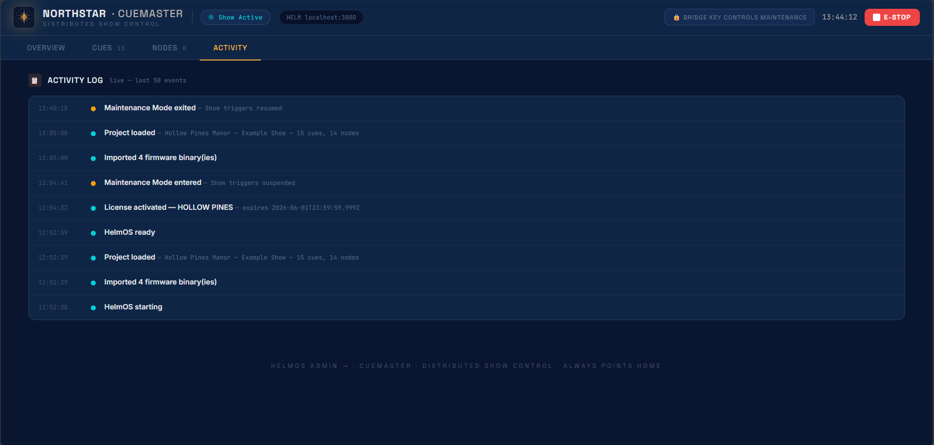 Cuemaster operator dashboard — Activity tab